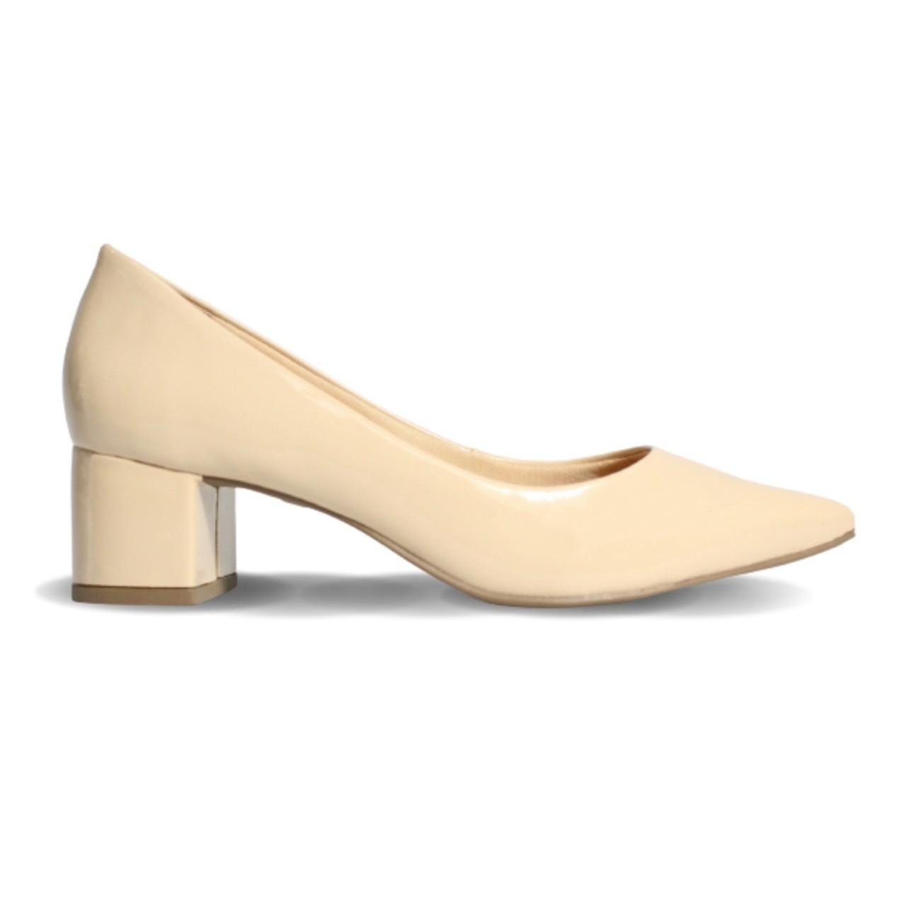 Scarpin Deise Salto Bloco Nude Verniz Bege