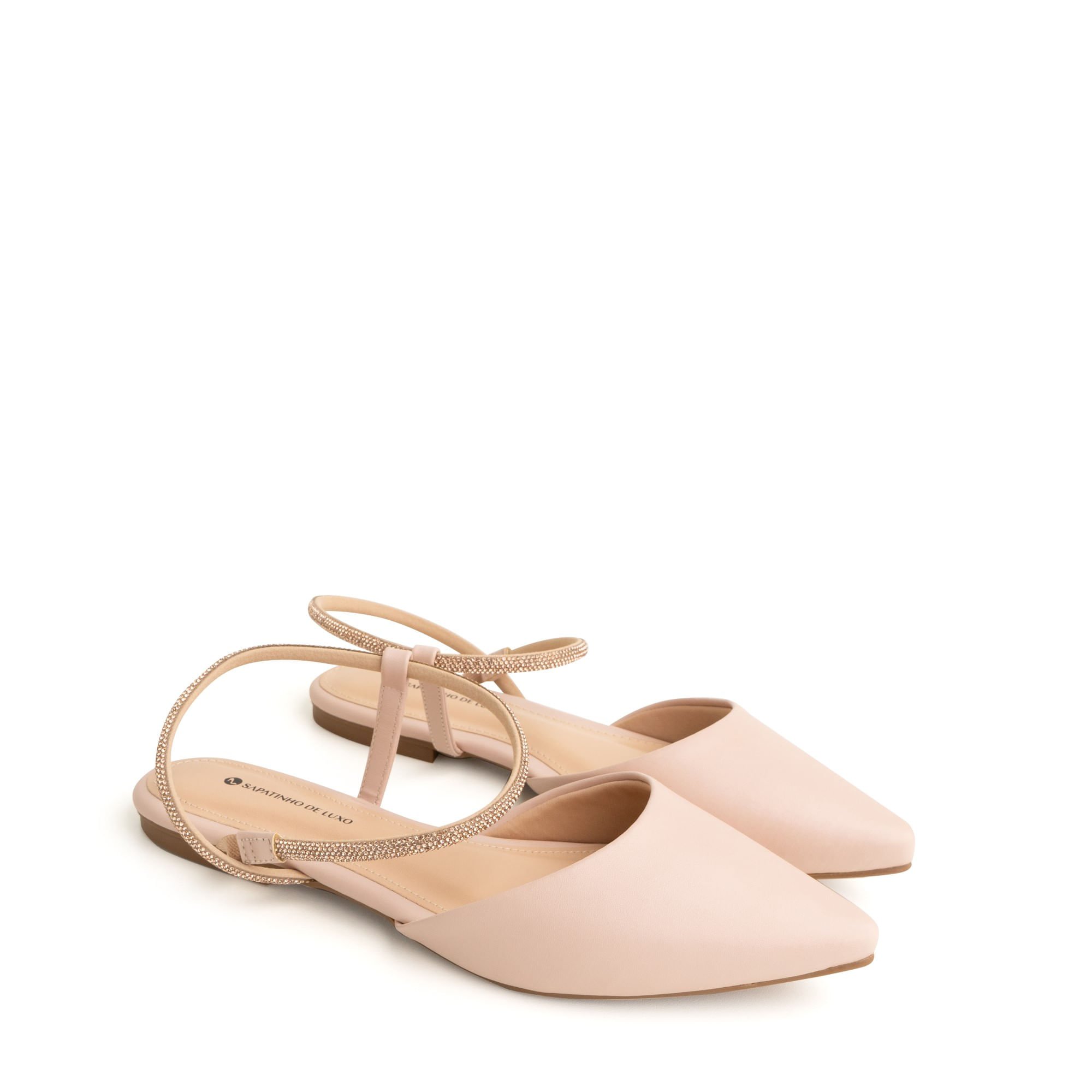 Sapatilha Slingback Nude Baby Tira Tornozelo Strass Brilho Bege