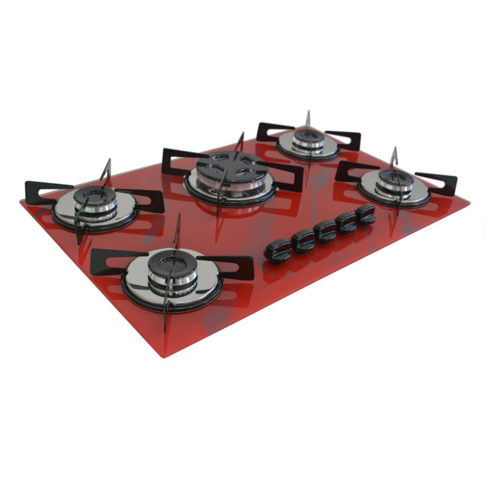 Cooktop 5 Bocas Tripla Chama Premium Chamalar Marmorizado Vermelho