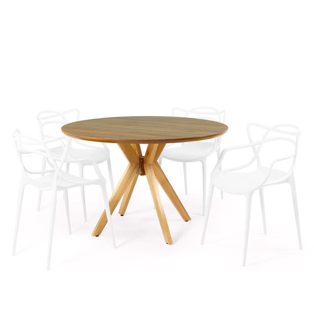 Conjunto Mesa de Jantar Redonda Marci Premium Natural 120cm com 4 Cadeiras Allegra - Branco