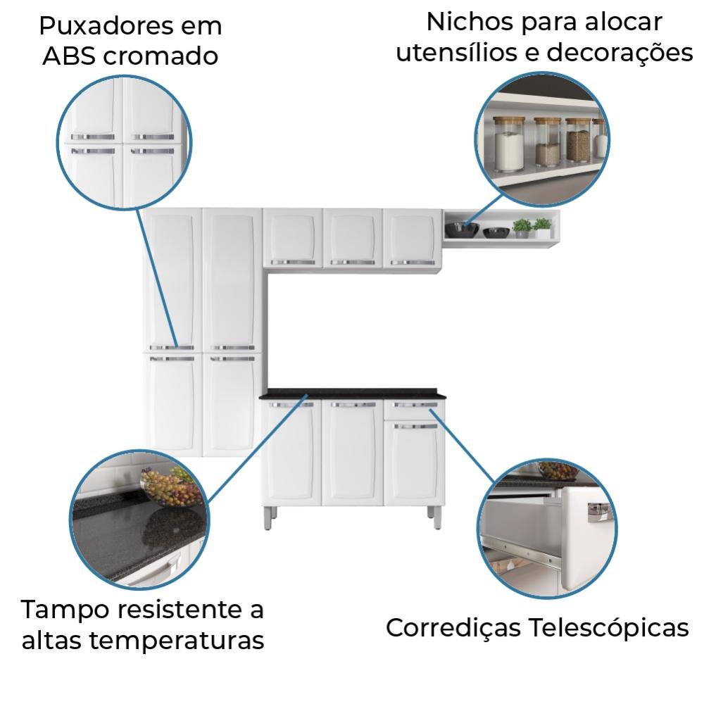 Armário de Cozinha Aço Itatiaia Completo 4 Peças Com Balcão 10 Portas 1  Gaveta e Nicho Kit Rose Branco