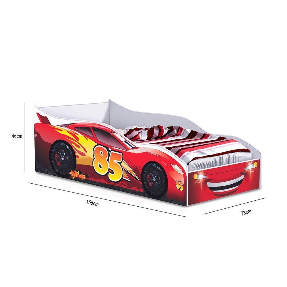 Cama de criança em forma de carro de corrida vermelho com ripas