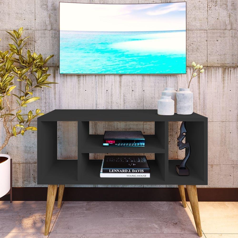 Rack Retro Pés Palito Para Tv Paris Com 4 Nichos - Preto - Preto