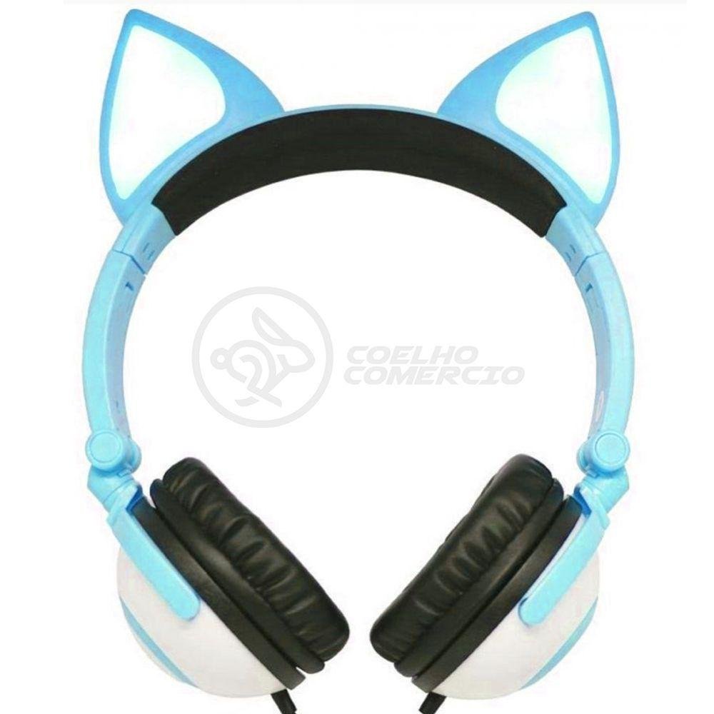 Fone de Ouvido Gatinho Fox Sem Fio Com Led Orelha Gato Dobrável Infantil  Microfone H'Maston - Azul