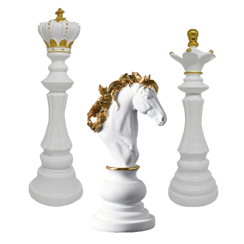 Decoração Peças De Xadrez Rei Rainha E Cavalo Escultura Grande