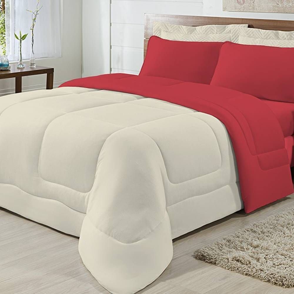 Edredom Dupla Face 100% Algodão Malha Queen Gran Moratta 01 Peça - Palha/ Vermelho