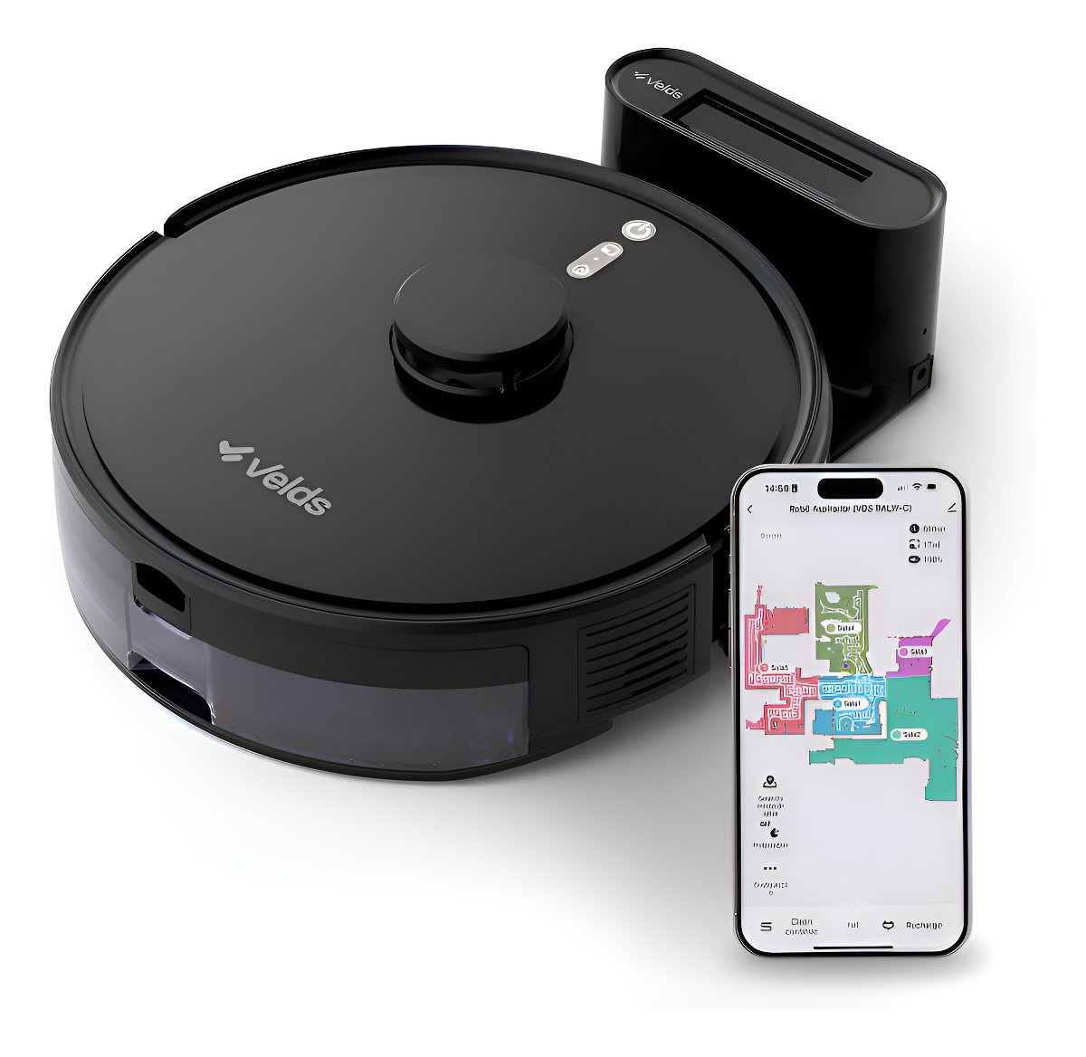 Robô Aspirador de Pó Velds 3 em 1 – Varre Aspira e Passa Pano com Mapeamento via App e Sensor Antiqueda, Preto
