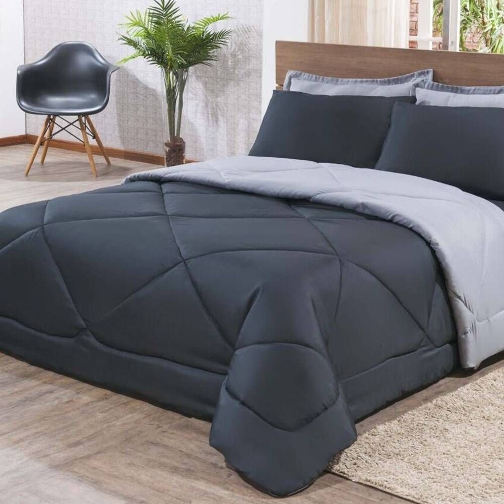 Kit Edredom + Jogo De Lençol Aconchego Look House Dupla Face Casal Queen 06 Peças - Preto/ Cinza