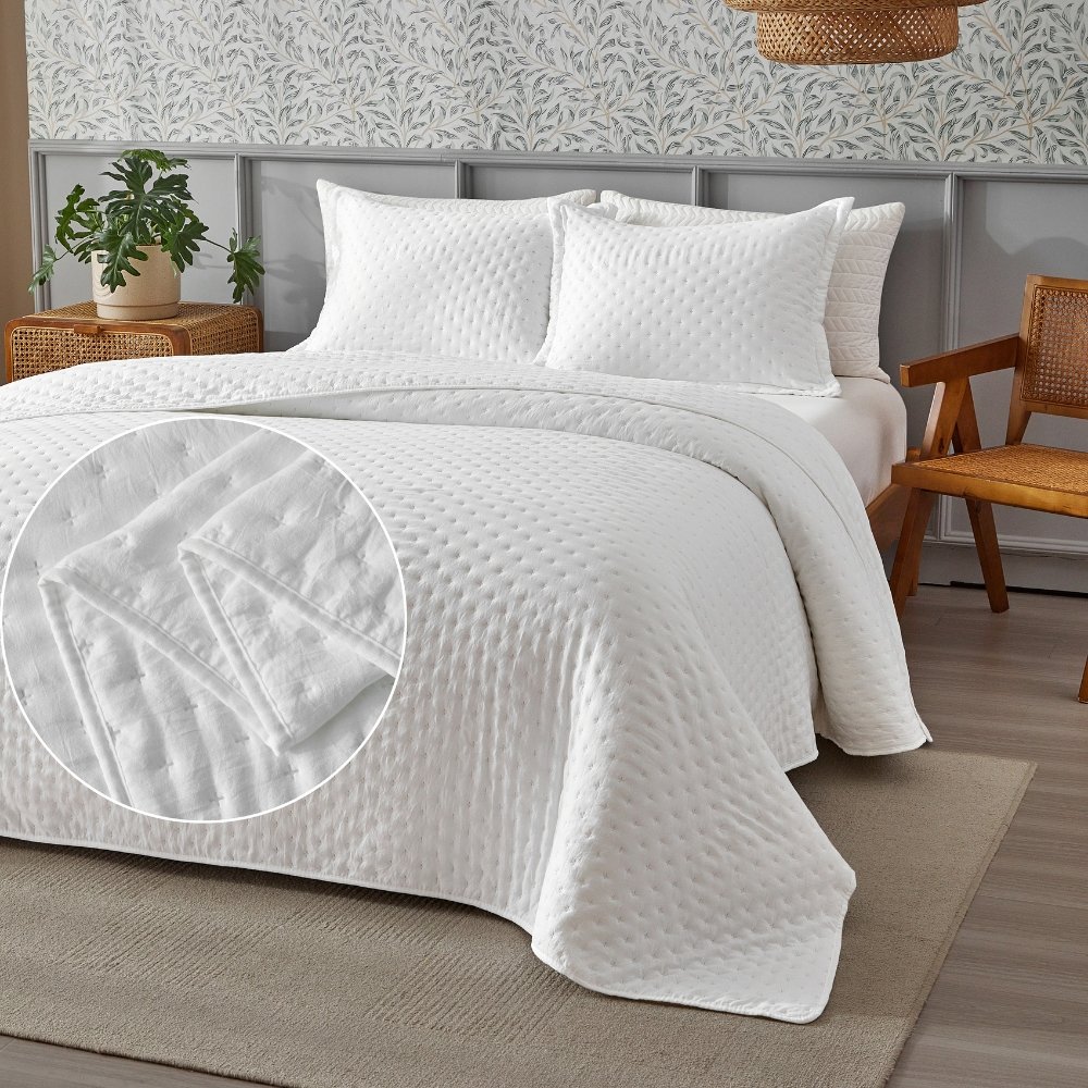 Kit Cobre Leito Colcha Queen 3pc Dupla Face Ponto Cruz 300 fios 100% Poliester