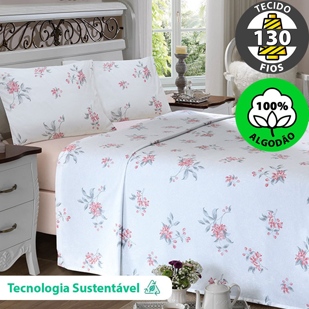 Jogo de Cama Queen 4 peças Lençol com Elástico 100 Algodão Percal 130 Fios - Dohler