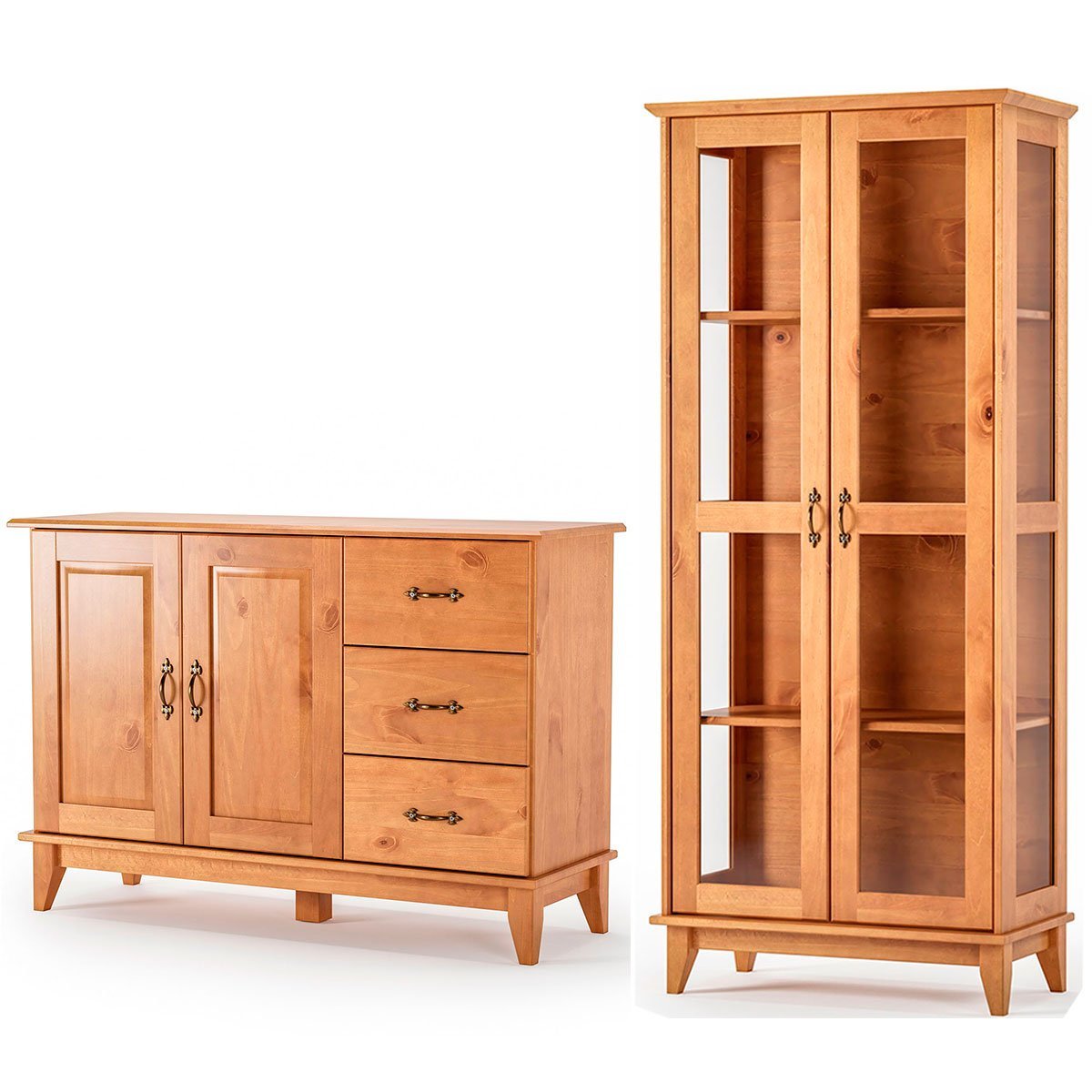 Cristaleira 2 Portas de Vidro Slim e Buffet Aparador 120 cm 100% Madeira Bella Carvalho Fosco