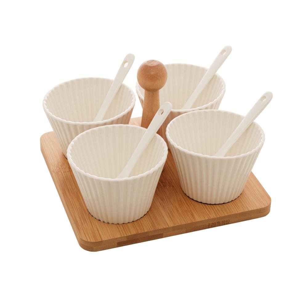 4 Molheiras com Colher e Suporte Wolff de Bambu 16cm x 16cm