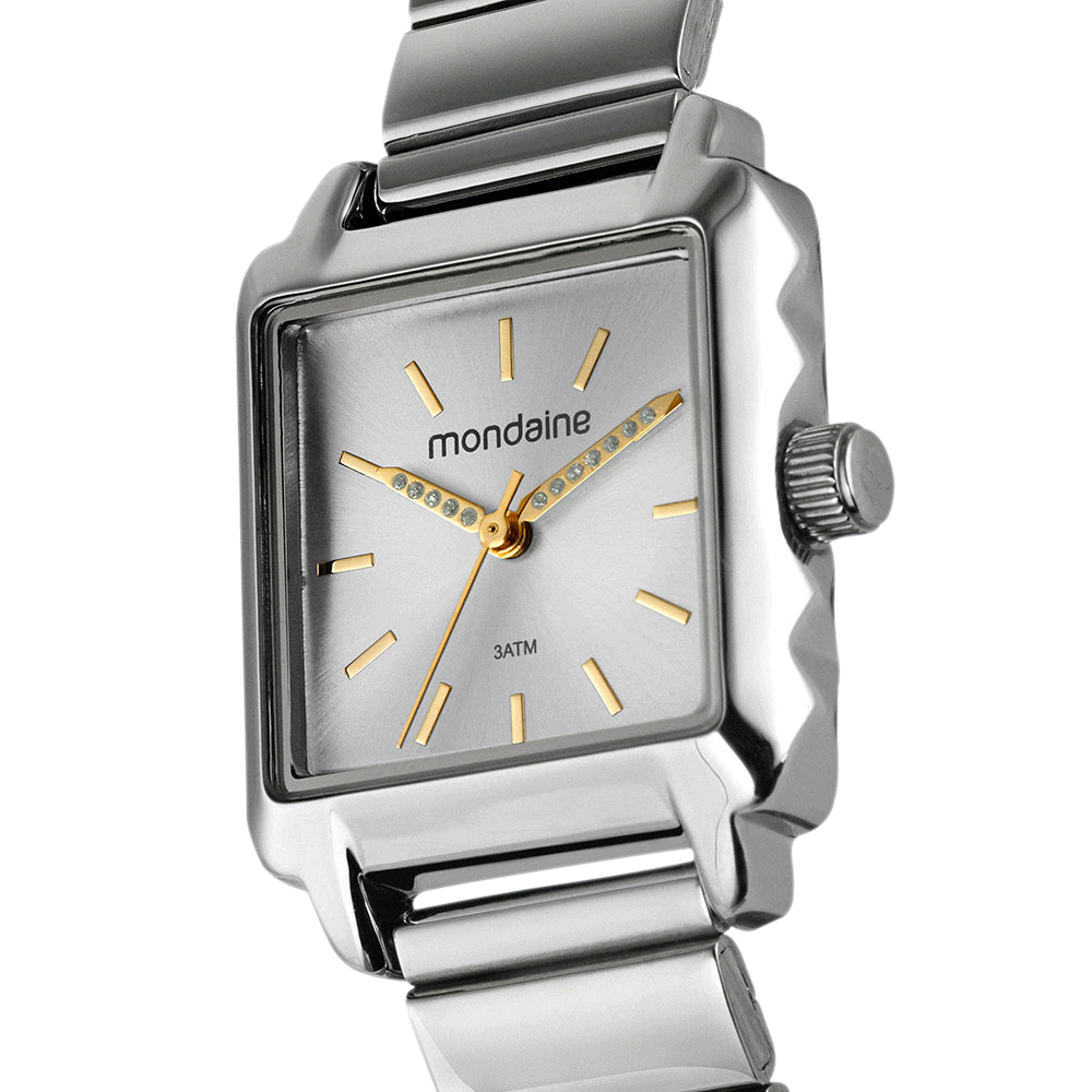 Relógio Feminino Quadrado Ponteiro Cristais Prata