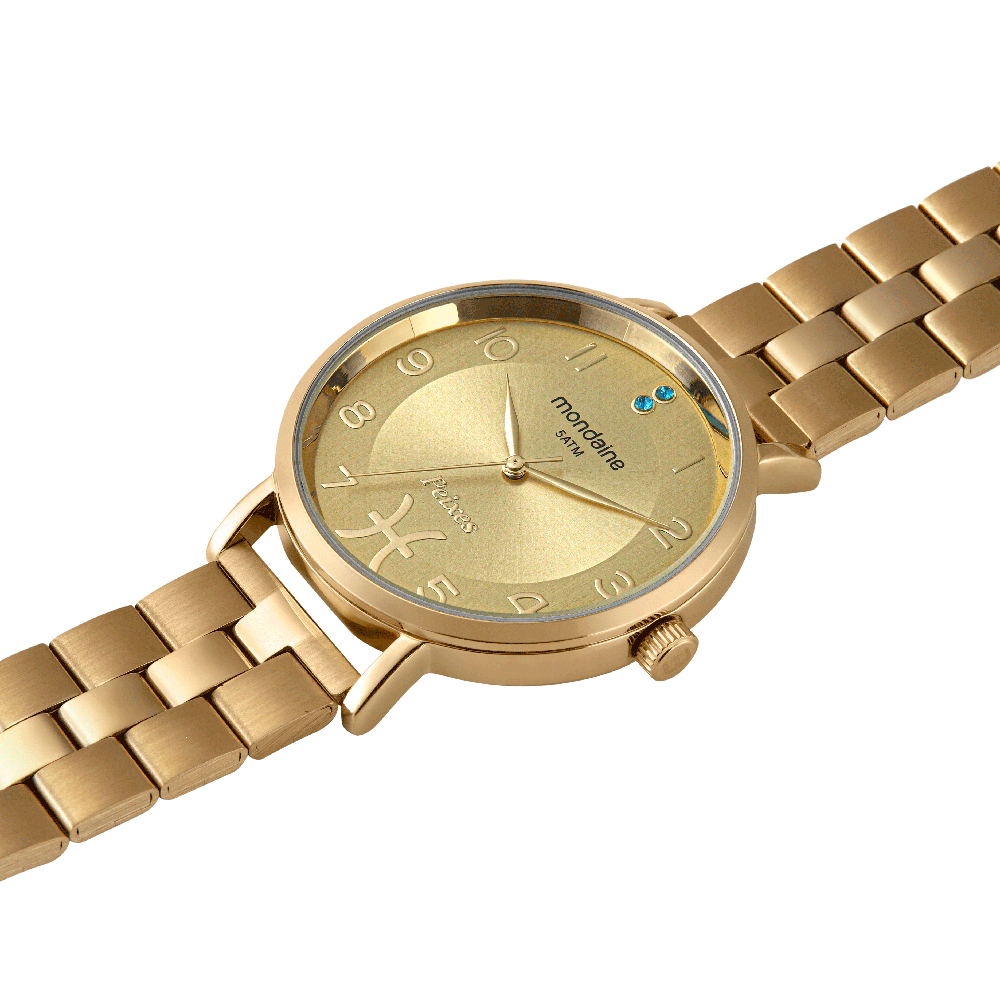 Kit Relógio Dourado Signo Peixes Dourado 2