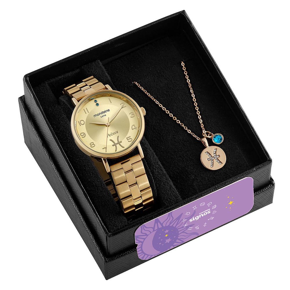 Kit Relógio Dourado Signo Peixes Dourado 4