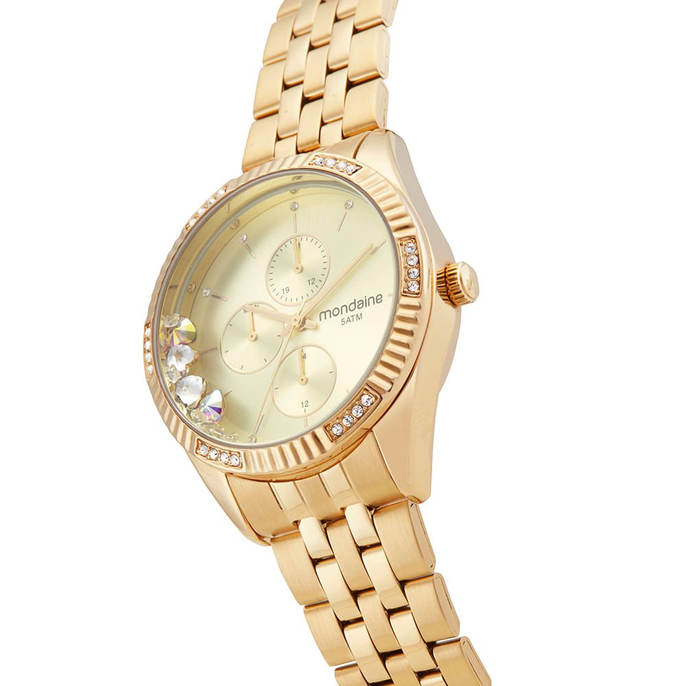 Relógio Feminino Multifunção Cristais Dourado Dourado 4