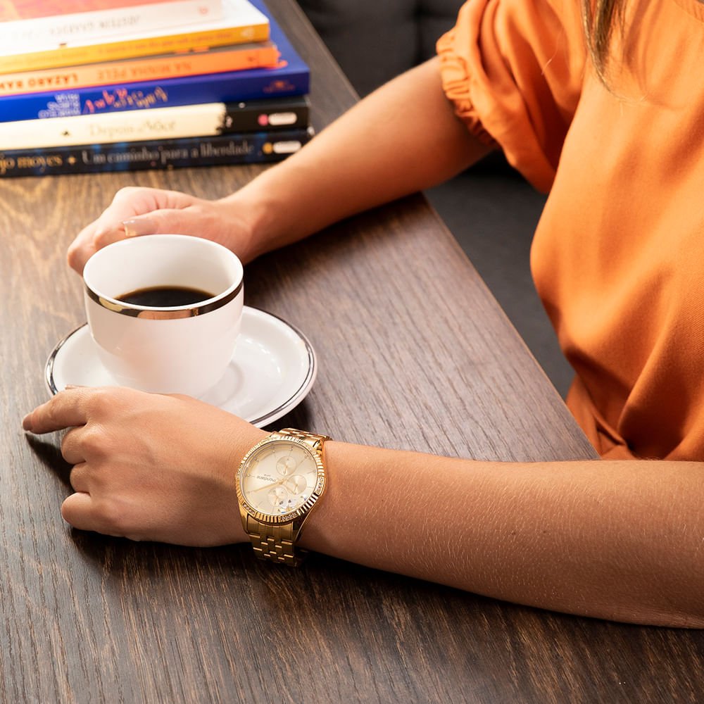Relógio Feminino Multifunção Cristais Dourado Dourado 5