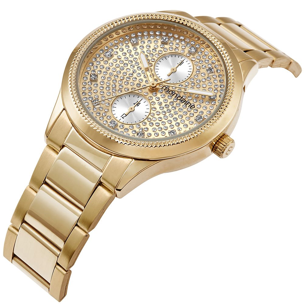 Relógio Feminino Multifunção Cristais Dourado Dourado 5