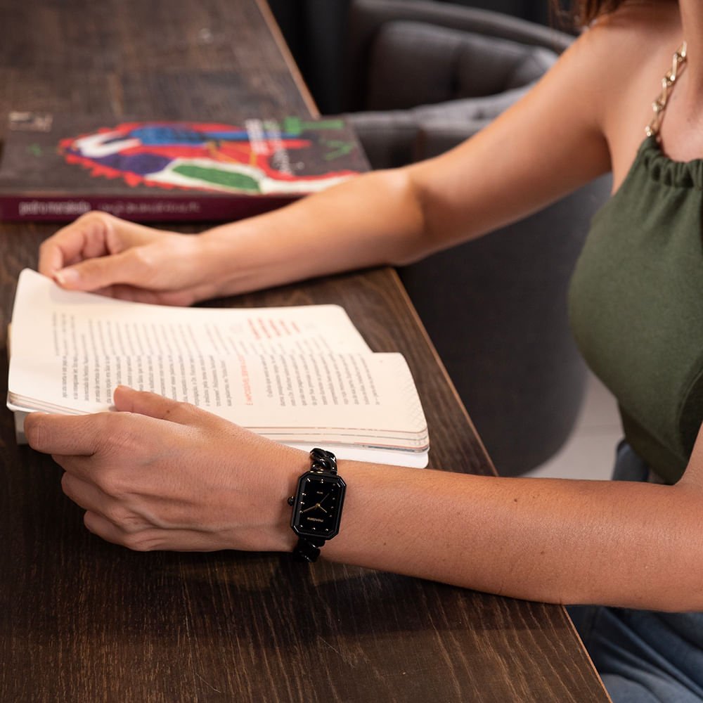 Relógio Feminino Quadrado Corrente Preto Preto 4