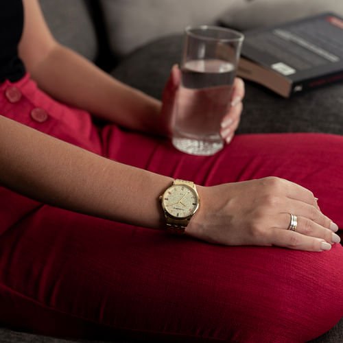 kit Relógio Feminino Glitter Dourado Com Porta Jóias Dourado 4