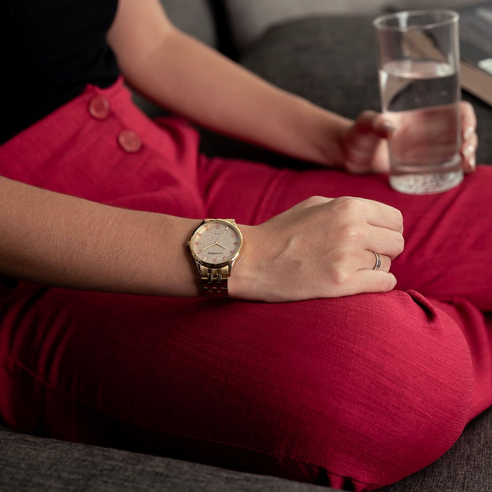 kit Relógio Feminino Cristais Dourado Com Porta Jóias Dourado 4