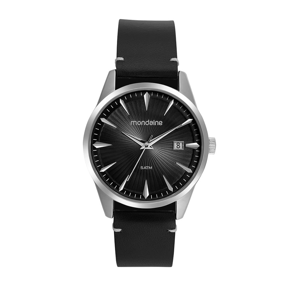 Relógio Masculino Couro Visor Texturizado Prata Preto 1