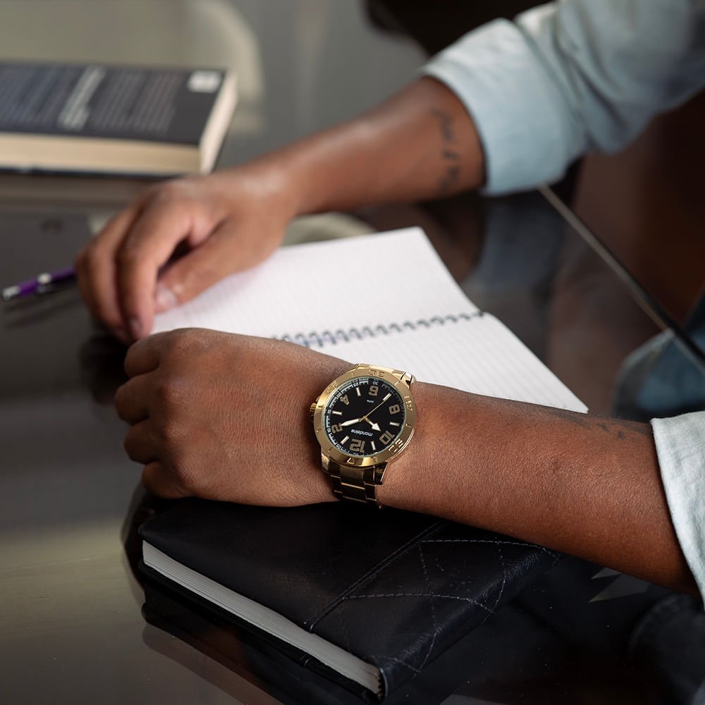 Relógio Masculino Casual Dourado Mostrador Preto Dourado 2