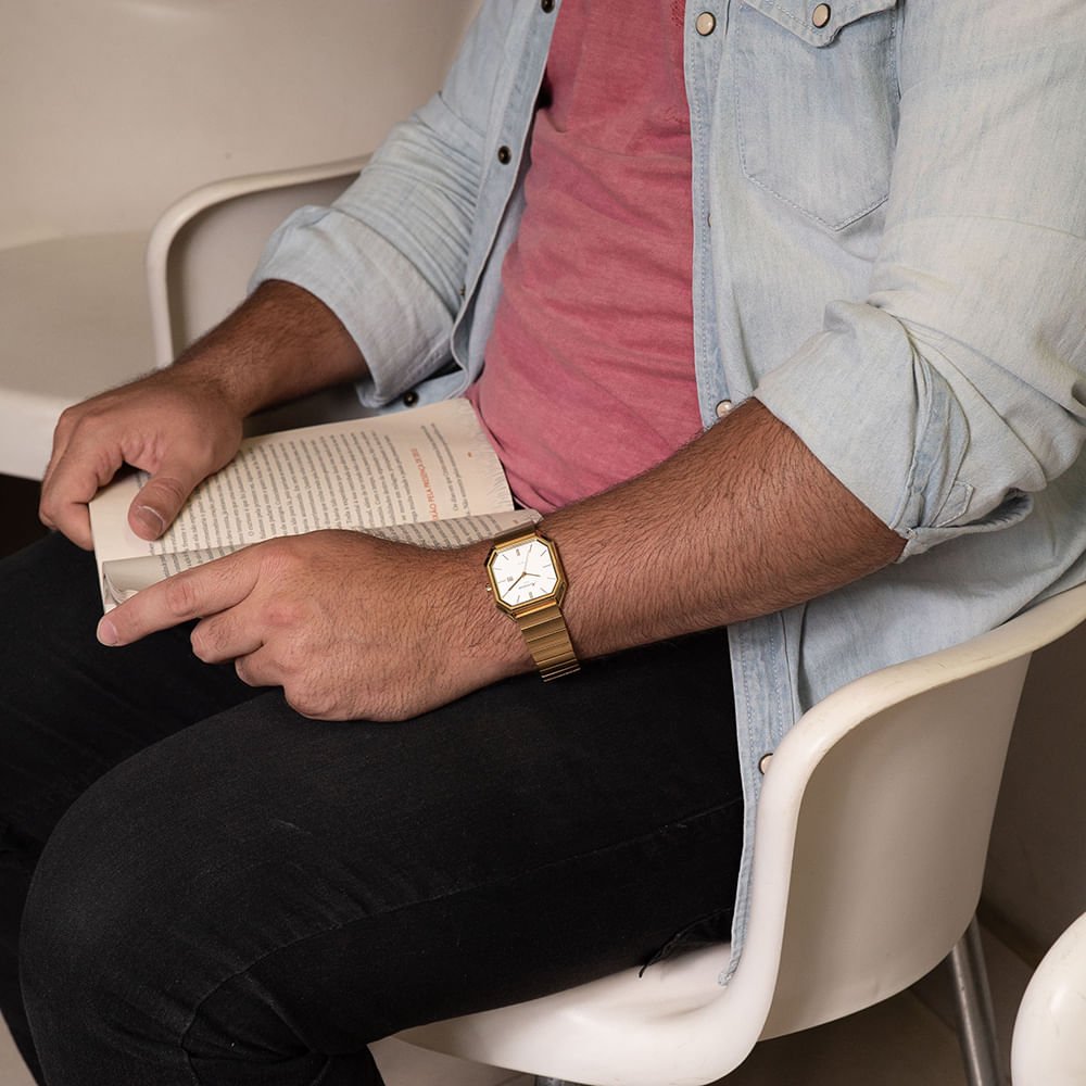 Relógio Unissex Quadrado Aço Vintage Dourado Dourado 3