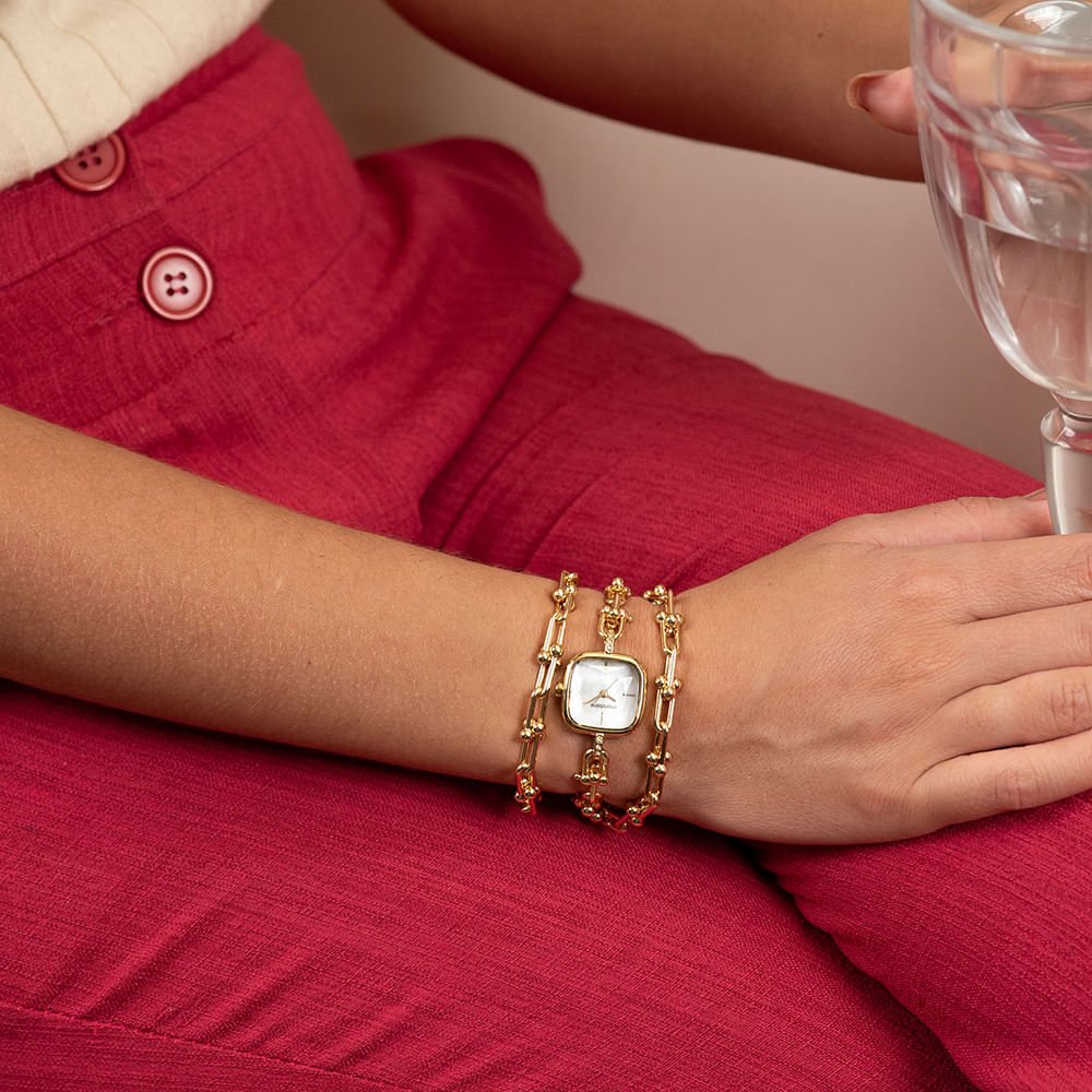Relógio Feminino Quadrado Corrente Versátil Dourado Dourado 4