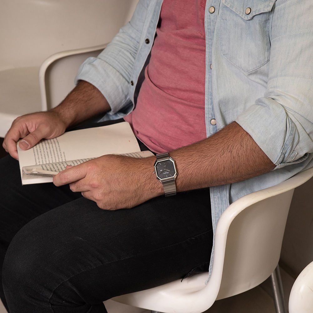 Relógio Unissex Quadrado Aço Vintage Prata Prata 3