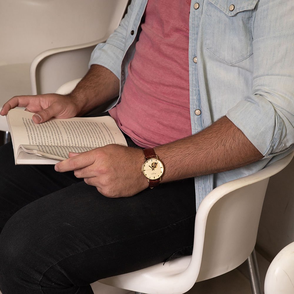 Relógio Masculino Automático Couro Dourado Dourado 3