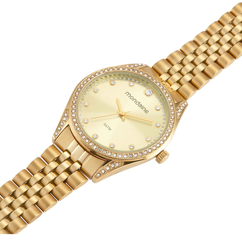Relógio Feminino Visor Metálico Cristais Dourado Dourado 3