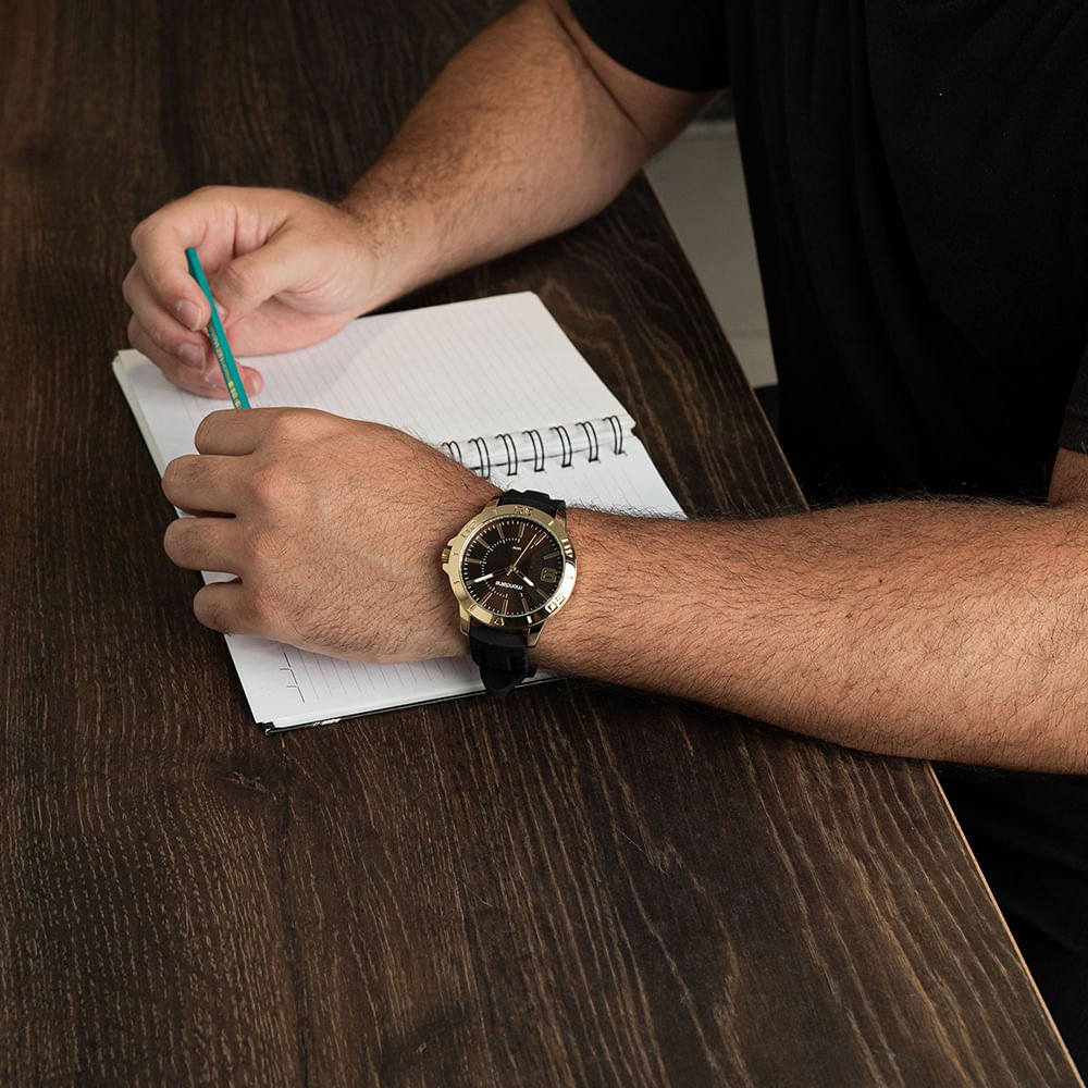 Relógio Masculino Esportivo Pespontos Silicone Dourado Dourado 2