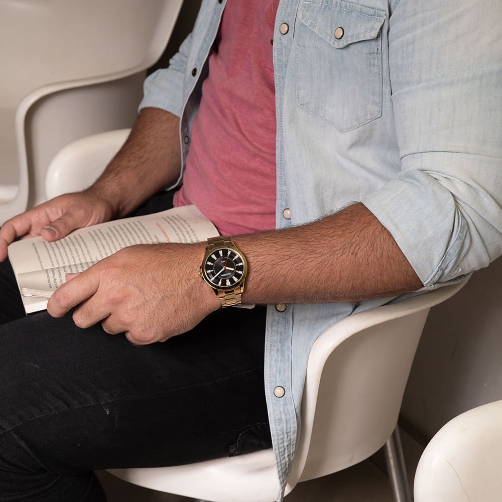 Relógio Masculino Casual Visor Dupla Textura Dourado Dourado 2