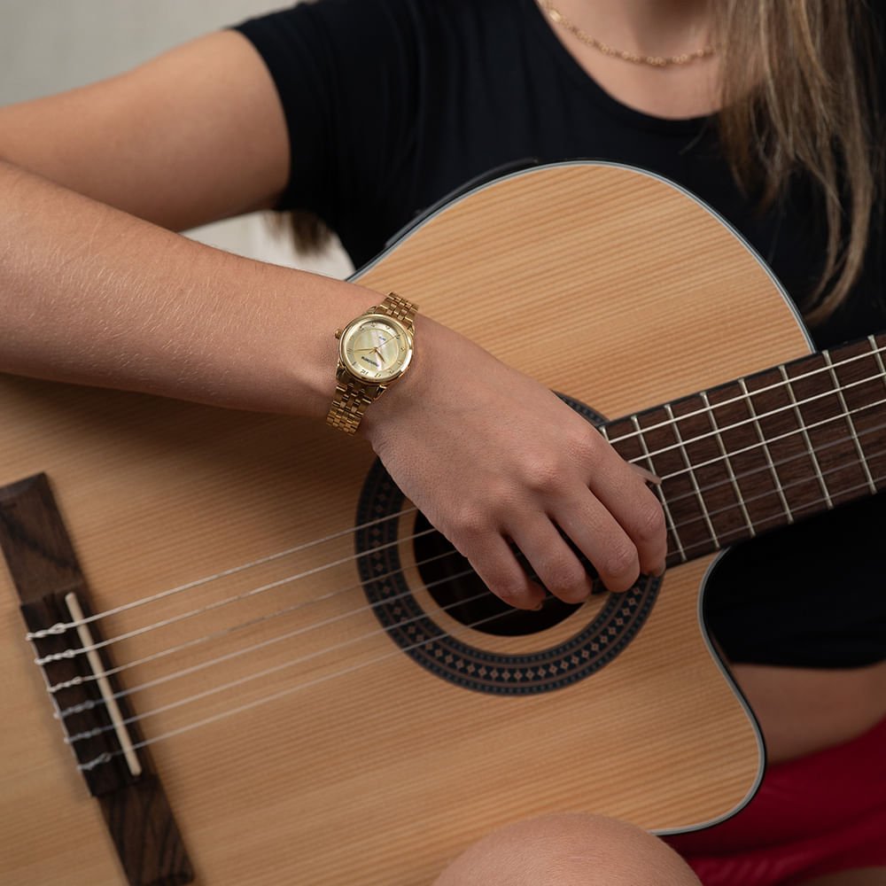 Kit Relógio Feminino Madrepérola Dourado Com Porta-Joias