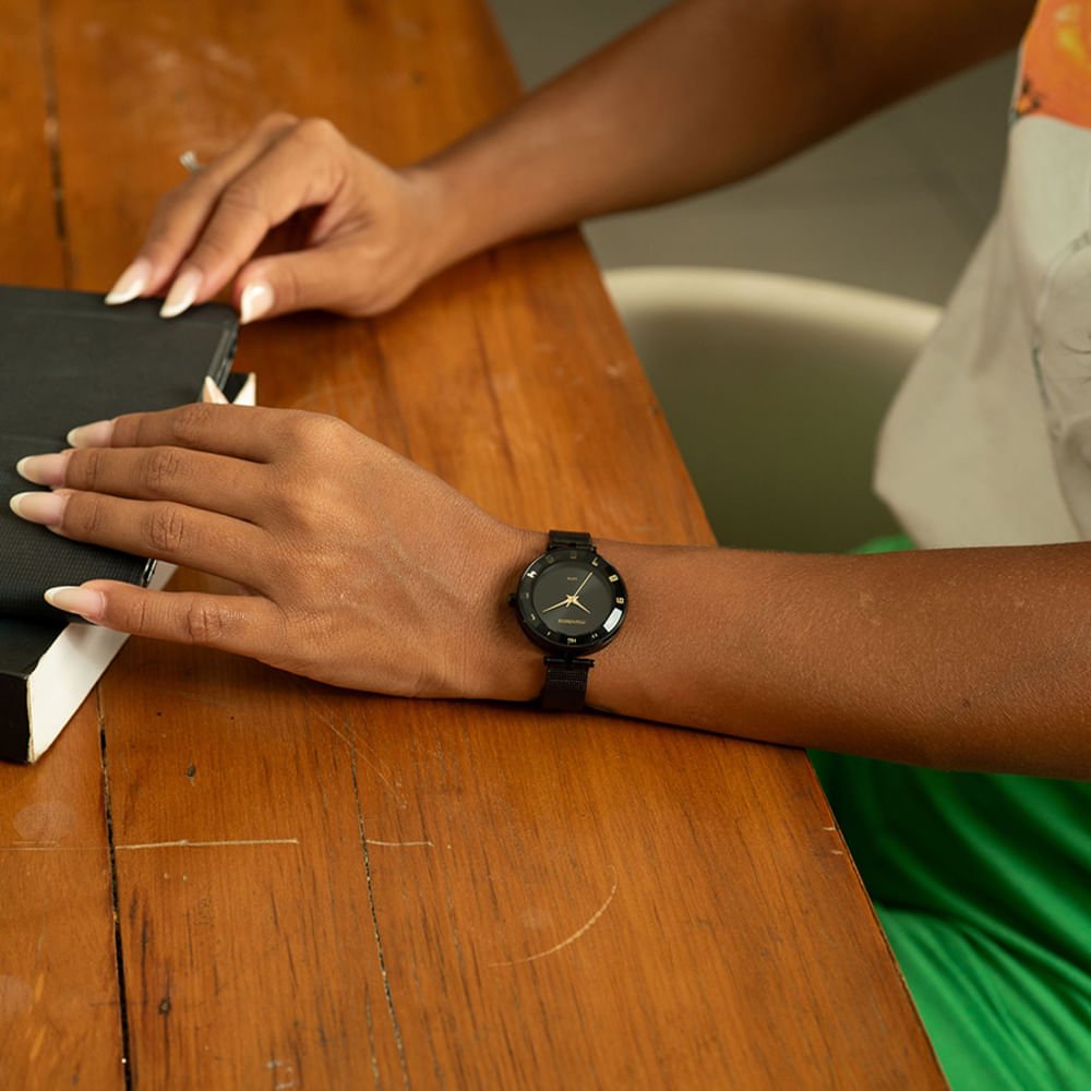 Relógio Feminino Malha de Aço Preto Preto 3