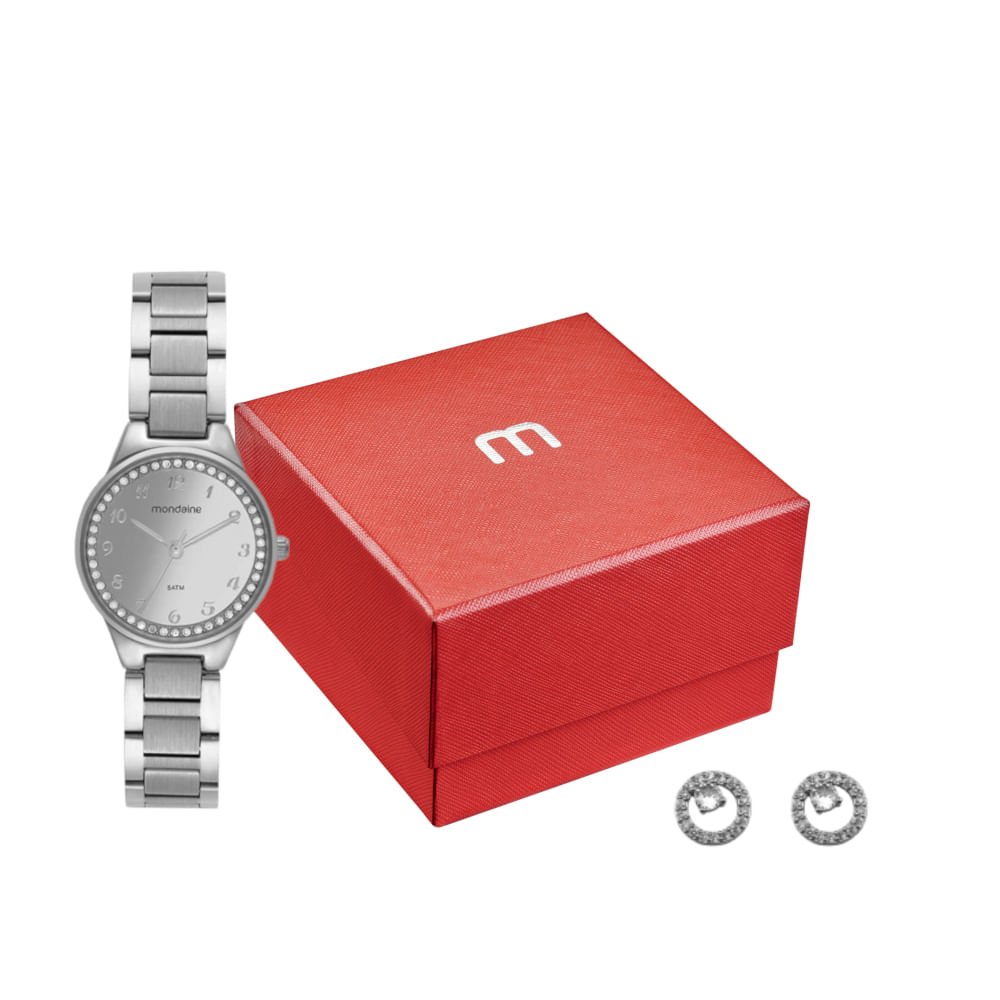 Kit Relógio Feminino Espelhado Prata Com Brinco Cristais