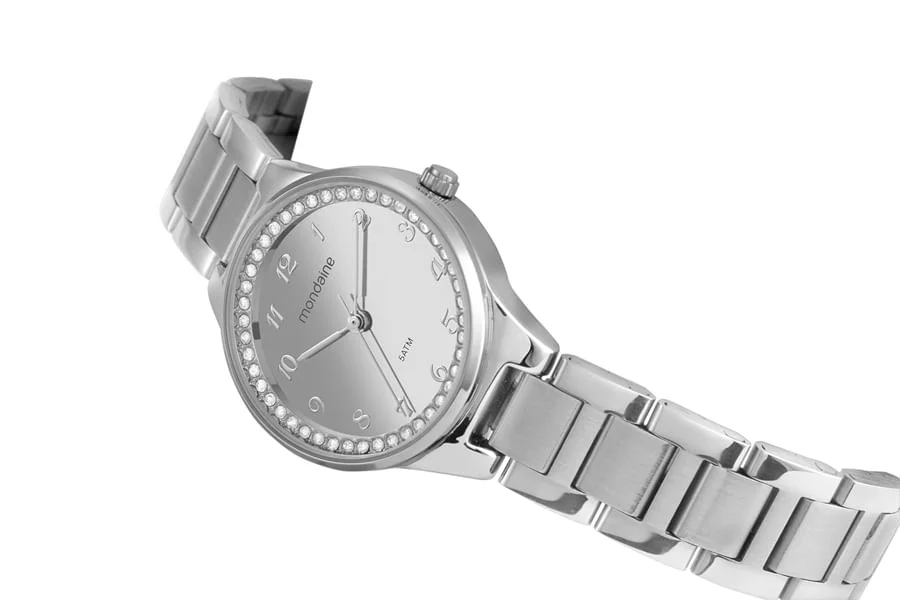 Kit Relógio Feminino Espelhado Prata Com Brinco Cristais Prata 3