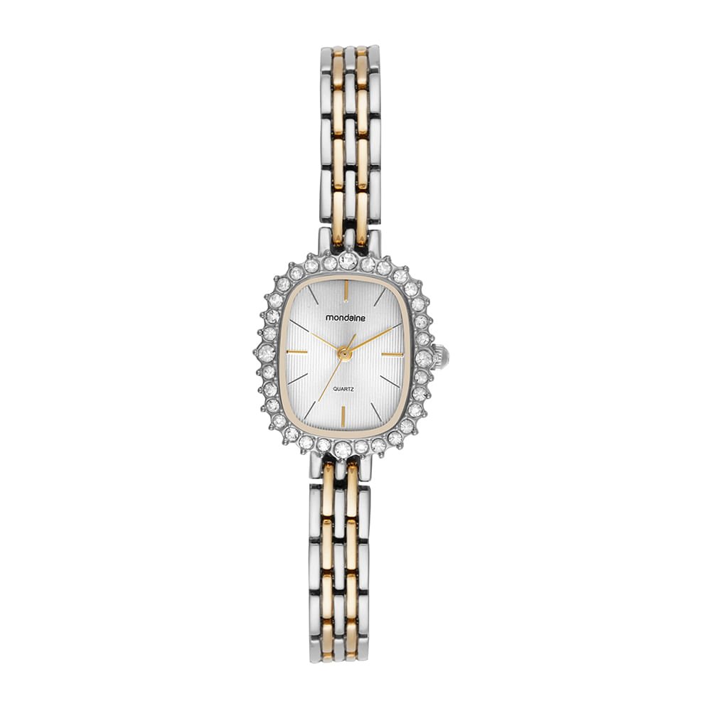 Relógio Feminino Quadrado Cristais Prata e Dourado