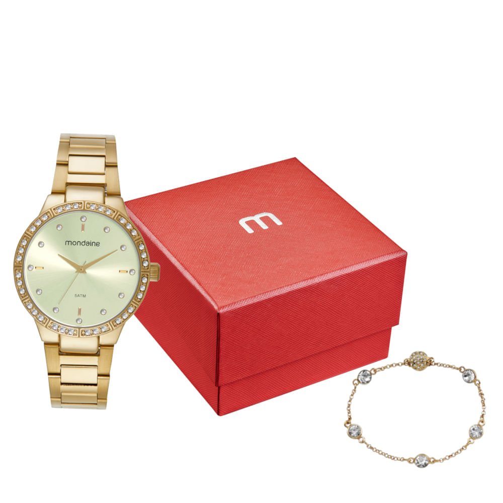 Kit Relógio Feminino Cristais Dourado Com Pulseira de Pedras Dourado 2