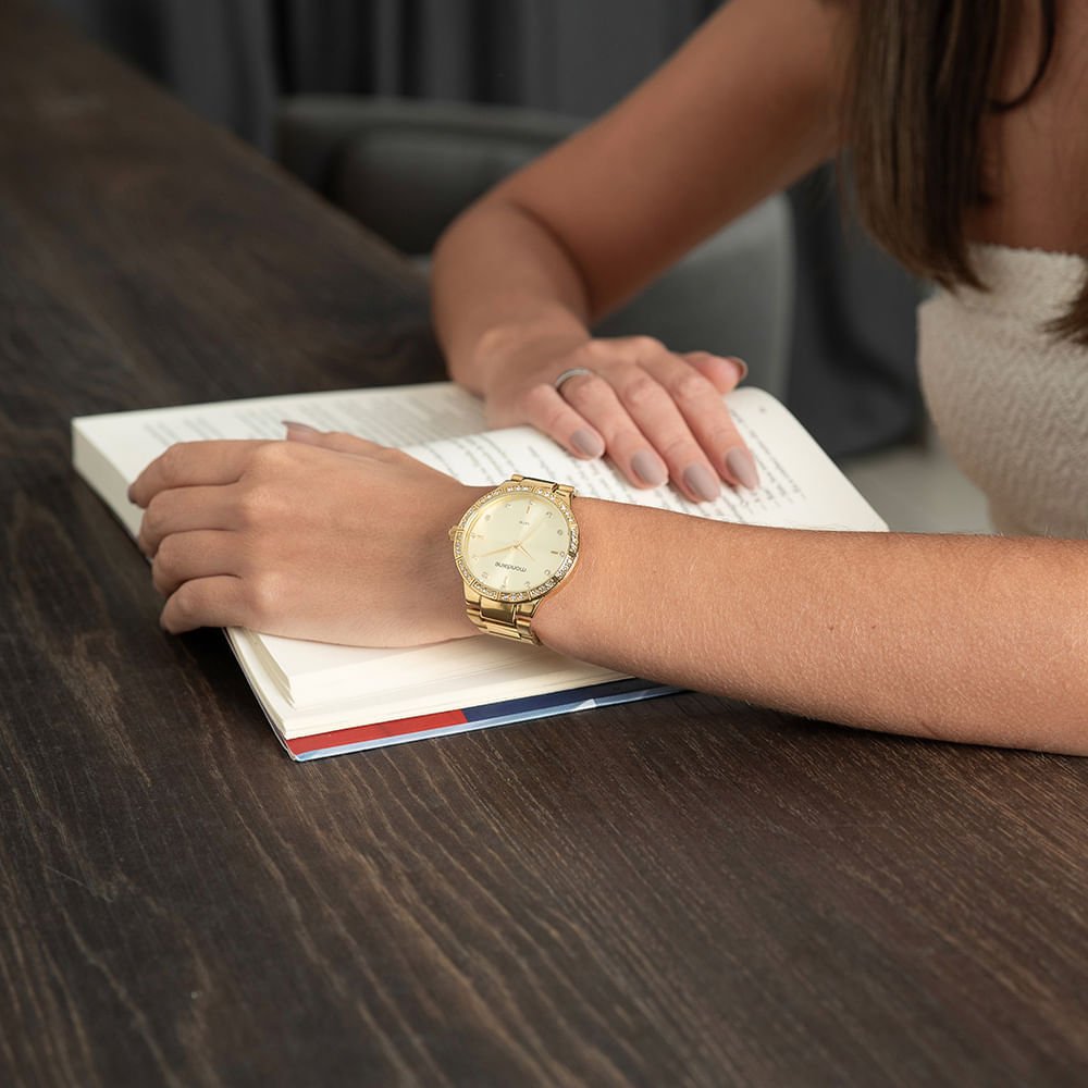 Kit Relógio Feminino Cristais Dourado Com Pulseira de Pedras Dourado 4