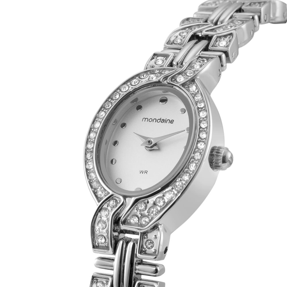 Relógio Feminino Oval Cristais Prata Prata 2