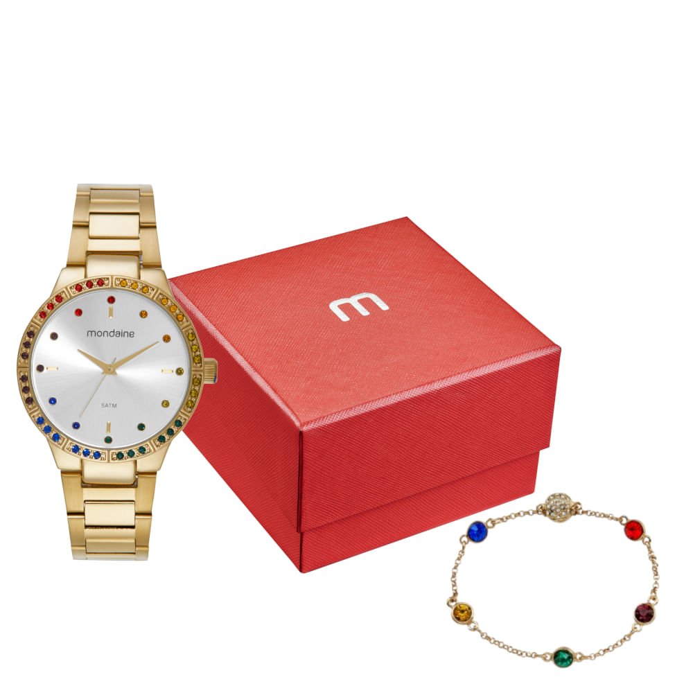 Kit Relógio Feminino Cristais Dourado Com Pulseira Pedras Coloridas