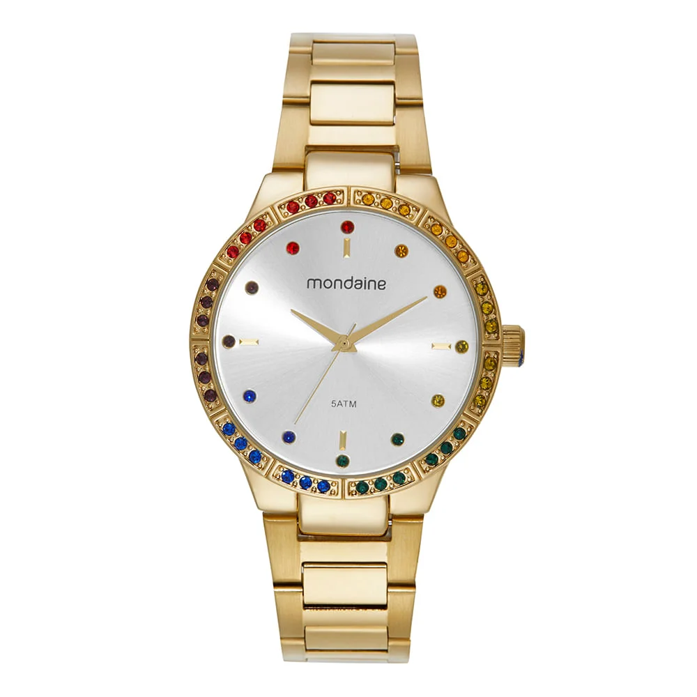 Kit Relógio Feminino Cristais Dourado Com Pulseira Pedras Coloridas Dourado 2