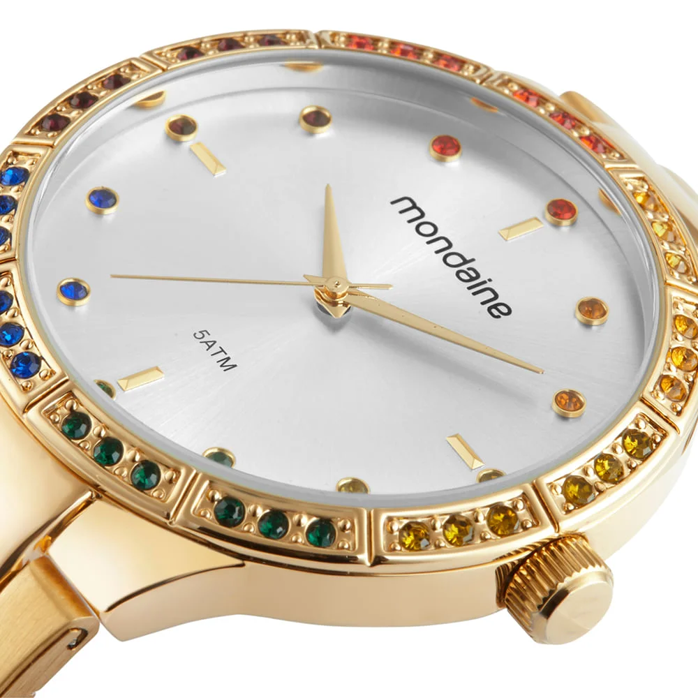 Kit Relógio Feminino Cristais Dourado Com Pulseira Pedras Coloridas Dourado 3