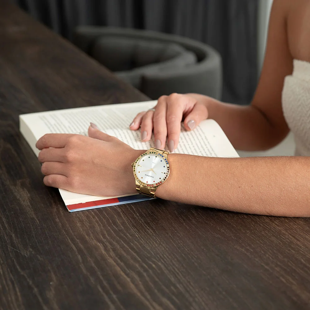 Kit Relógio Feminino Cristais Dourado Com Pulseira Pedras Coloridas Dourado 4