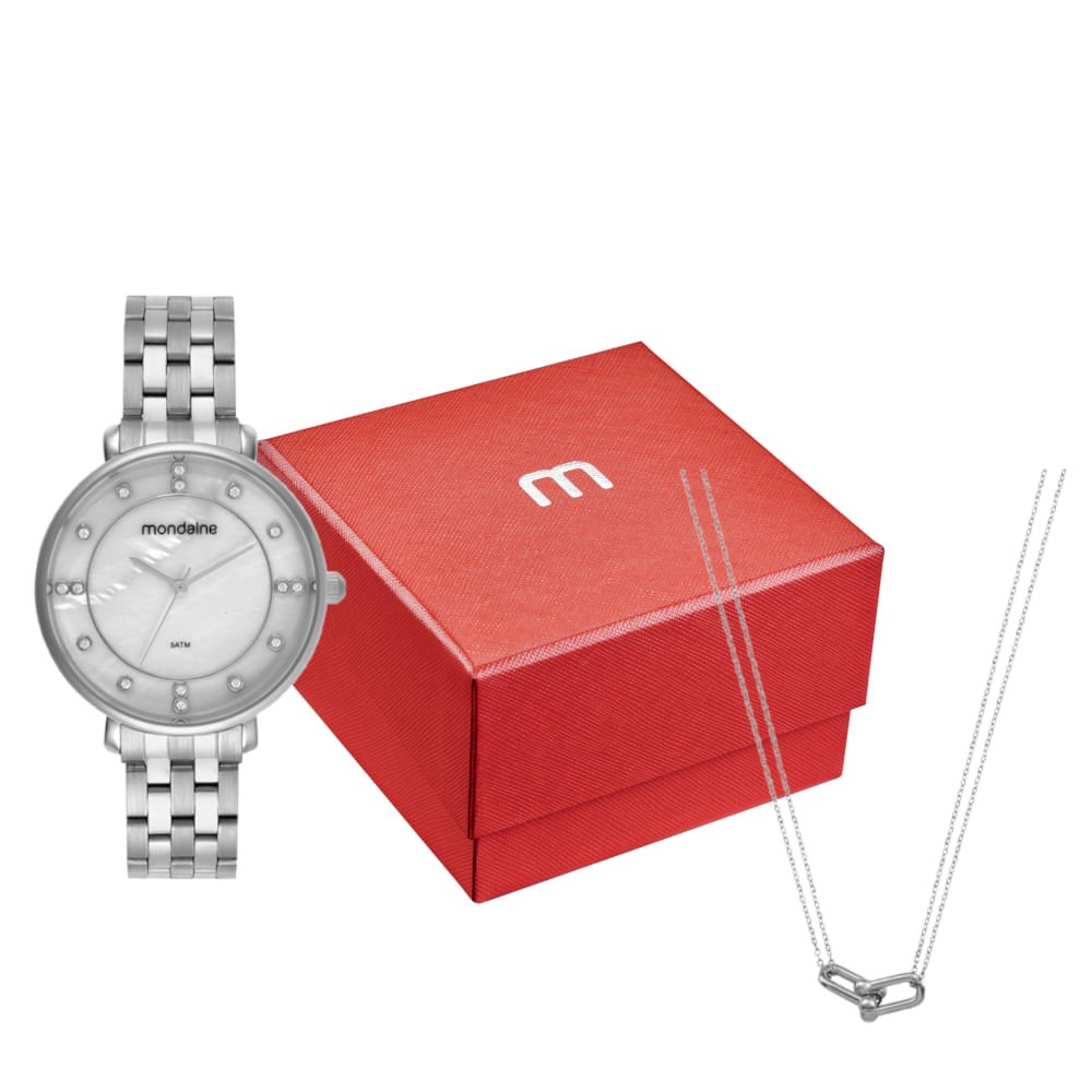 Kit Relógio Feminino Madrepérola Prata Com Colar Corrente