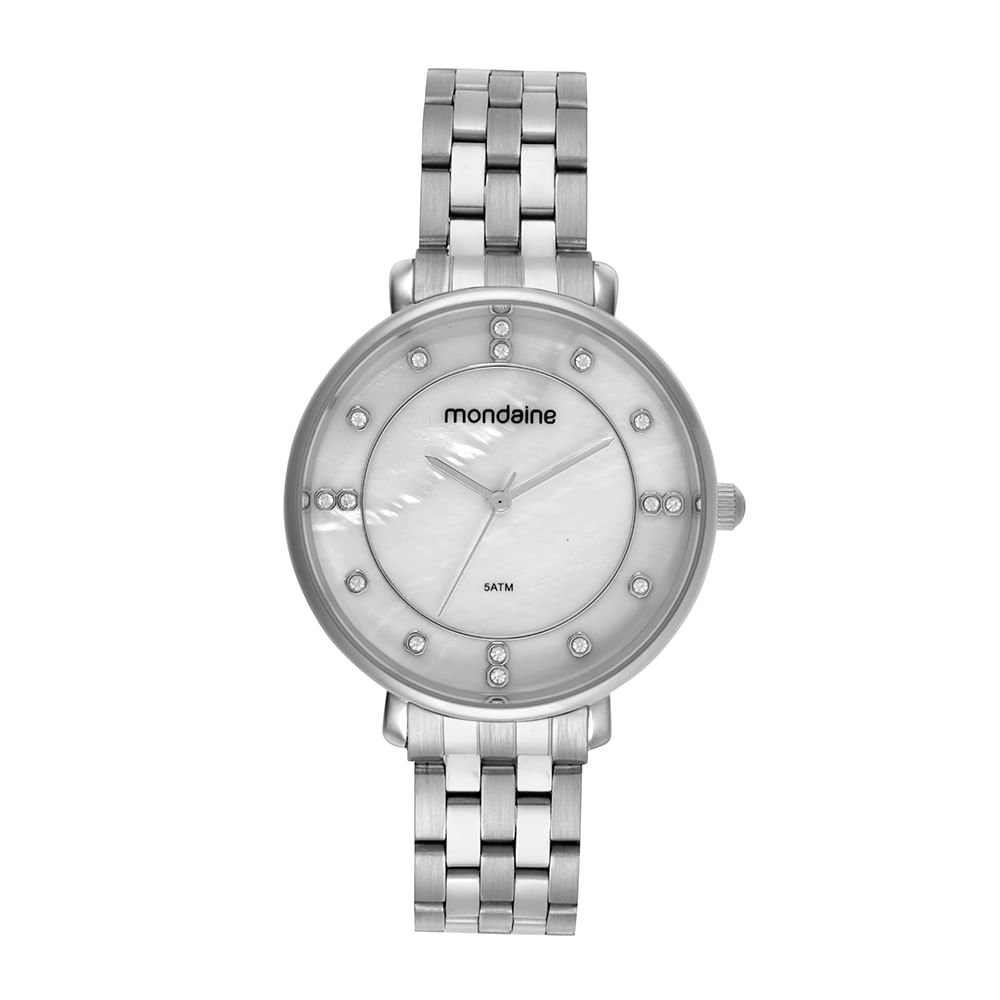 Kit Relógio Feminino Madrepérola Prata Com Colar Corrente Prata 2