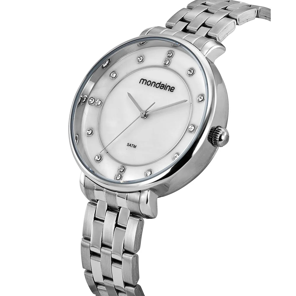 Kit Relógio Feminino Madrepérola Prata Com Colar Corrente Prata 3