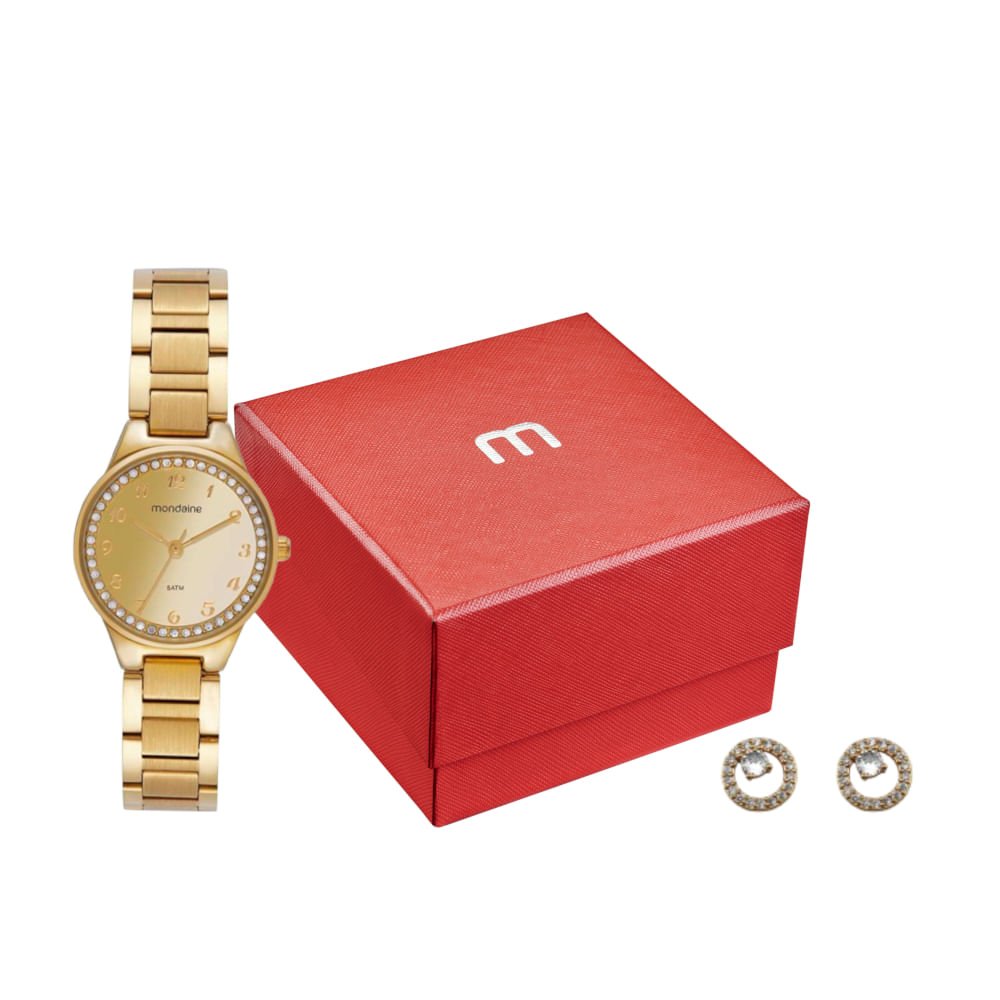 Kit Relógio Feminino Espelhado Dourado Com Brinco Cristais